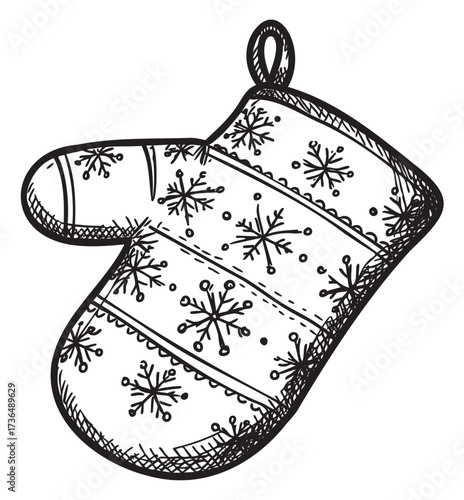 Hand drawn snowflake pattern oven mitt illustration – retro hand drawn illustration