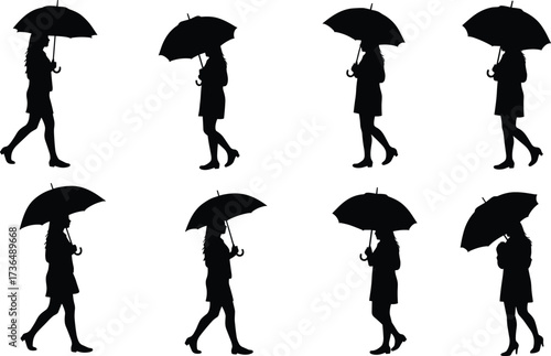 PrintWoman silhouette with umbrella, rainy day vector, walking female figure, black shadow design, fashion clipart, rain protection art, stylish lady illustration