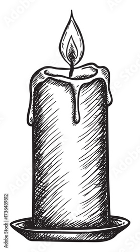 Hand-drawn sketch of a dripping candle on a plate with melting wax – retro hand drawn illustration