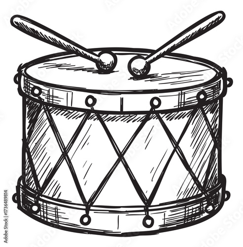 Sketch of a traditional drum with drumsticks and patterned detailing – retro hand drawn illustration