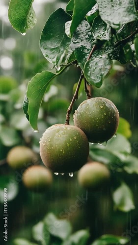 Raindrops cascade over green fruit and foliage. Leaves glisten, creating a damp, fresh atmosphere