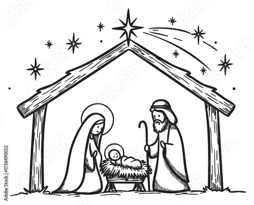 Nativity scene illustration with mary, joseph, and baby jesus under starry sky – retro hand drawn illustration