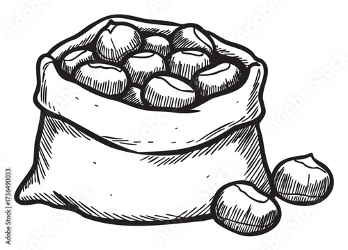 Hand-drawn sketch of burlap sack filled with round potatoes – retro hand drawn illustration