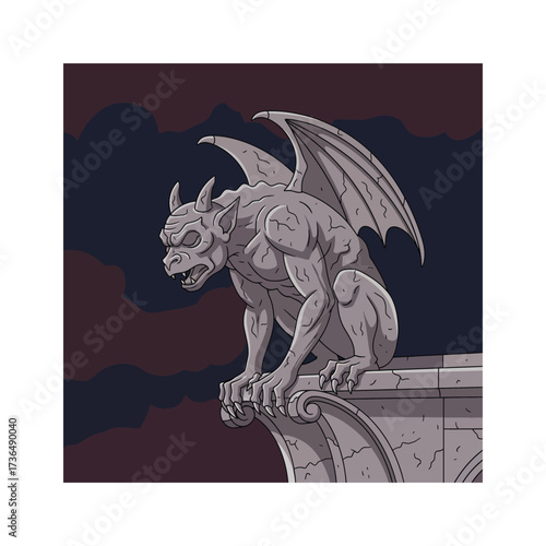 Imposing stone gargoyle mythical creature perched on ancient architecture against a dark ominous sky for Halloween