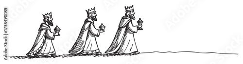 Illustration of three wise men with crowns holding gifts in line drawing style – retro hand drawn illustration