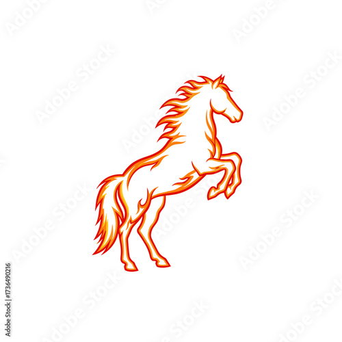 Fiery horse rearing up in orange outline on white background, concept of New Year 2026, the year of the fiery horse  