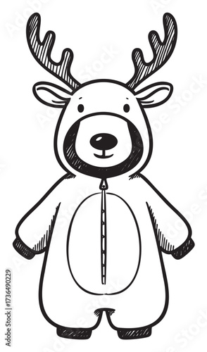 Cartoon reindeer in onesie costume with antlers – retro hand drawn illustration