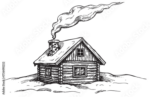 Rustic log cabin with smoking chimney in snowy landscape line art – retro hand drawn illustration