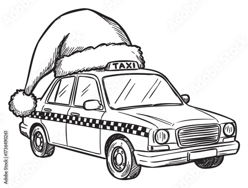 Vintage taxi with santa hat illustration – retro hand drawn illustration