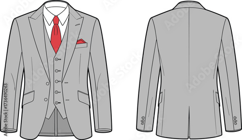Men’s formal light gray suit illustration, front and back view, business attire, vest, red tie, pocket square, fashion design, tailoring