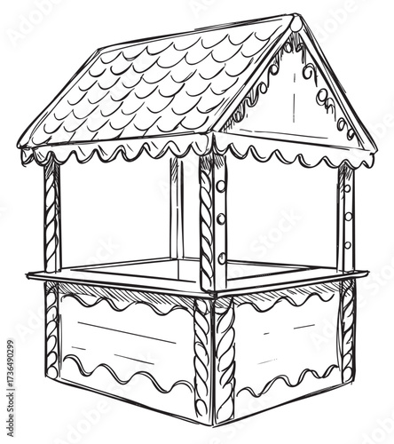 Hand-drawn market stall illustration with roof scallops and decorative details – retro hand drawn illustration