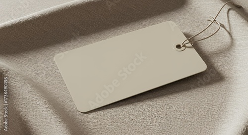 Blank White Tag on Soft Beige Fabric Surface for Product Labeling or Packaging