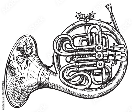 Festive french horn with holiday decorations sketch in black and white – retro hand drawn illustration