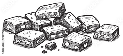 Sketch of cubes of nougat with nuts – retro hand drawn illustration