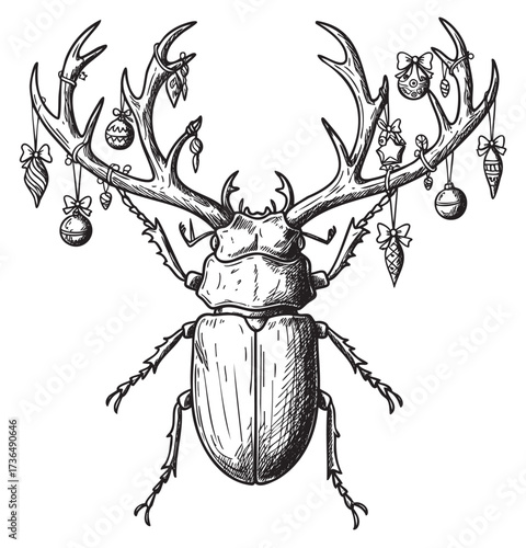 Stag beetle with decorated antlers for holiday season – retro hand drawn illustration