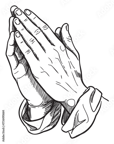 Detailed black and white sketch of hands in prayer pose – retro hand drawn illustration
