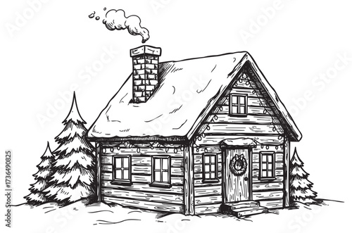 Cozy snow-covered log cabin with smoke from chimney and pine trees in winter scene – retro hand drawn illustration
