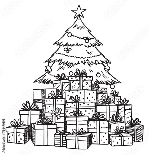 Christmas tree with stacked gifts doodle drawing celebrating festive holiday season – retro hand drawn illustration