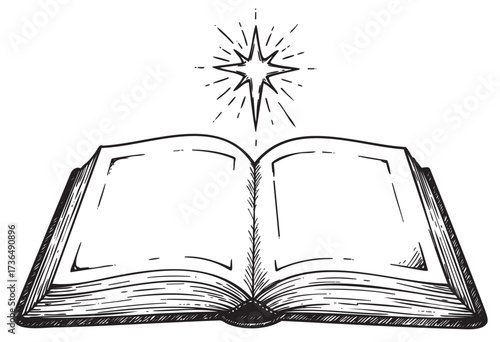 Open book with sparkling star above symbolizing knowledge and inspiration – retro hand drawn illustration