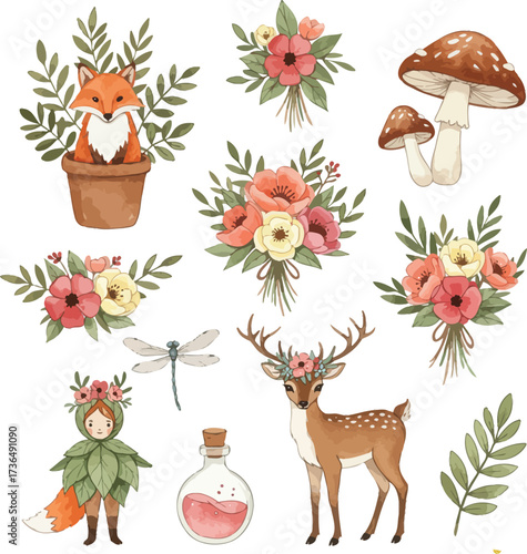 Whimsical woodland creatures and floral elements for creative designs