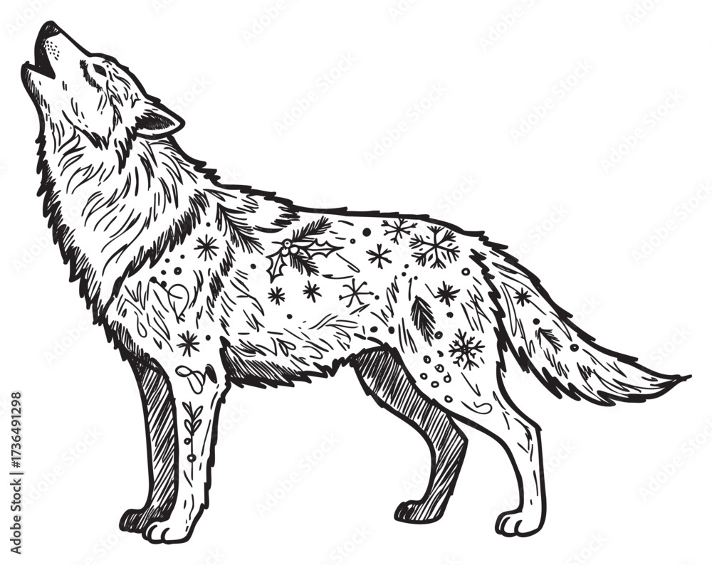 Obraz premium Intricate wolf silhouette with nature-inspired patterns and howling pose – retro hand drawn illustration