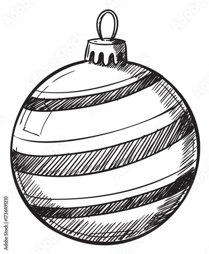 Hand-drawn striped christmas ornament with hanging loop – retro hand drawn illustration