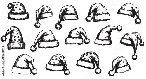 Hand-drawn santa hat collection with various designs and patterns – retro hand drawn illustration