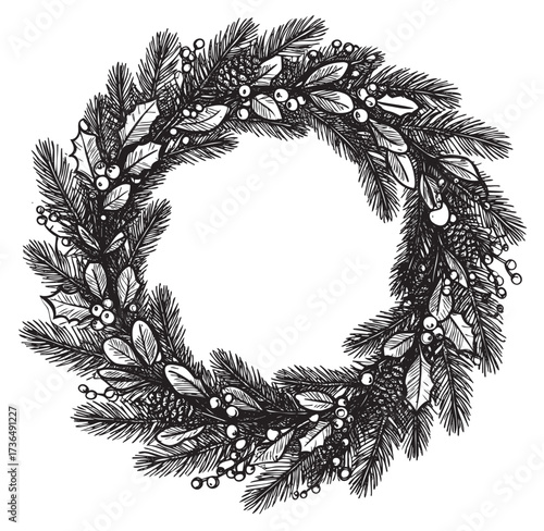 Hand-drawn evergreen christmas wreath with berries and leaves – retro hand drawn illustration