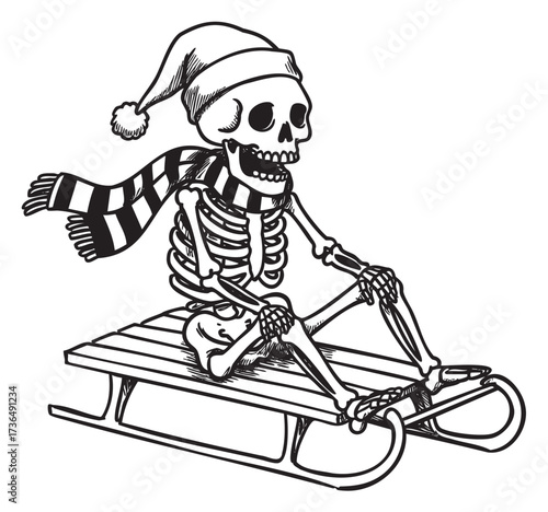 Skeleton wearing santa hat and scarf riding a sled in black and white illustration – retro hand drawn illustration