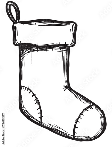 Black and white sketch of a christmas stocking with hanging loop – retro hand drawn illustration
