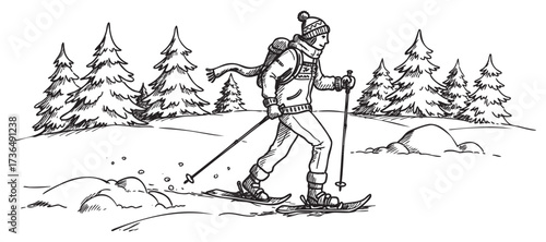 Young caucasian male skiing in winter forest landscape illustration – retro hand drawn illustration