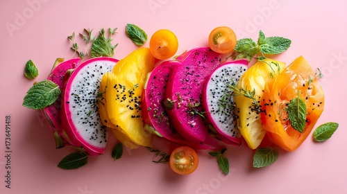 Colorful sliced fruits and vegetables
