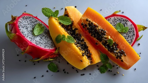 Colorful sliced tropical fruits papaya dragon fruit mint leaves