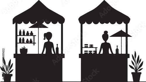 Two black silhouette market stalls with vendors and products