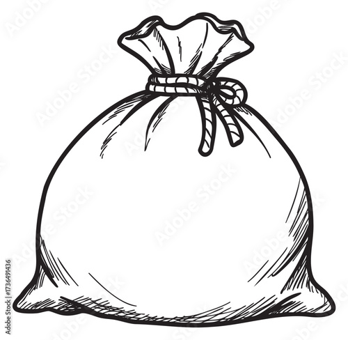 Black and white sketch of a tied sack with rope – retro hand drawn illustration