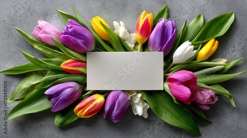 Colorful tulip arrangement with blank card floral design