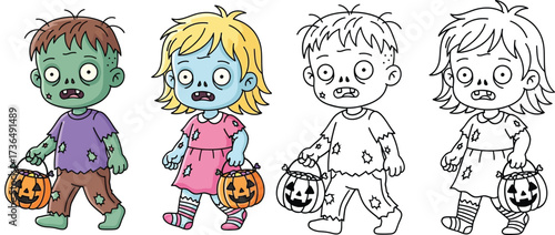 Cute Cartoon Zombie Kids Trick or Treating in Halloween Costumes, with Outline and Colored Versions for Coloring Books