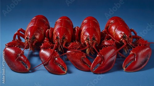 Cooked lobsters on blue background seafood composition