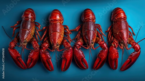 Cooked lobsters on teal background seafood cuisine
