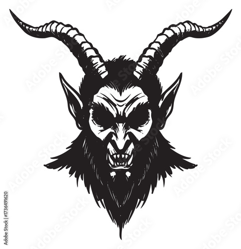 Monochrome illustration of horned demon with fierce expression – retro hand drawn illustration