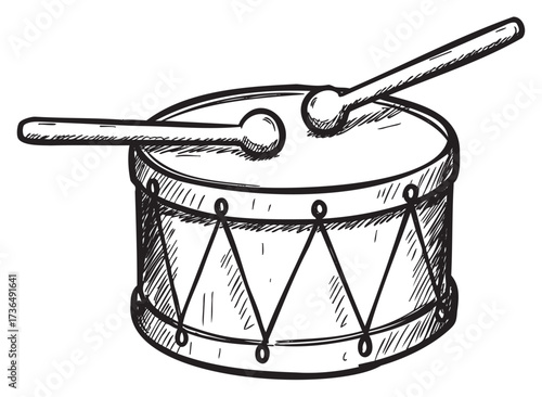 Detailed sketch of a snare drum with two drumsticks on top – retro hand drawn illustration