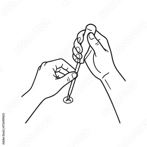 simple black and white vector illustration of hands using a screwdriver to unscrew a bolt fixed into the floor