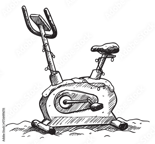 Hand-drawn exercise bike covered in snow in black and white sketch style – retro hand drawn illustration