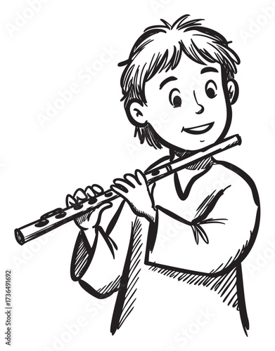 Young caucasian male child playing flute sketch illustration – retro hand drawn illustration