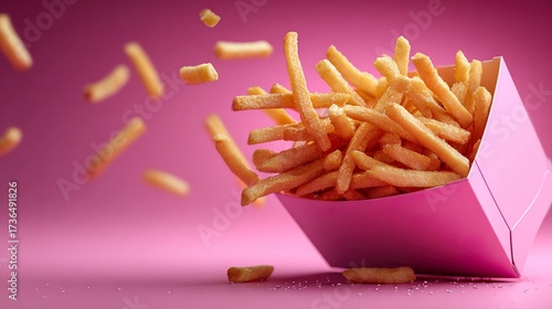 Crispy french fries falling into pink box