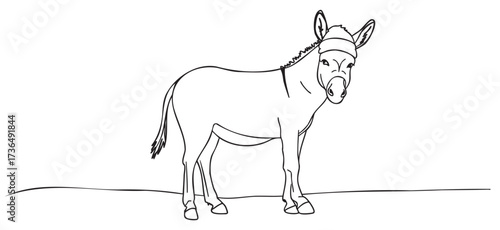 Black and white line drawing of a donkey with a hat in a minimalist style – retro hand drawn illustration