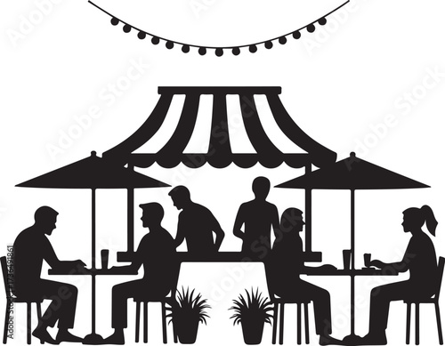 Silhouettes of people dining outdoors under umbrellas and lights