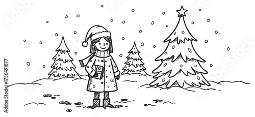 Cartoon young girl in winter landscape with christmas trees and snowfall – retro hand drawn illustration