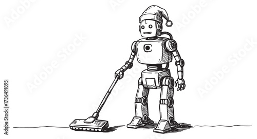 Festive robot vacuuming with santa hat - black and white sketch – retro hand drawn illustration