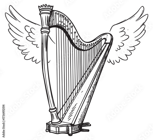 Illustrated harp with angel wings in black and white line art style – retro hand drawn illustration